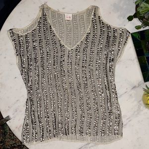 PARKER sz XS gorgeous, cold shoulder, silver sequin blouse DRAPEY, sexy, cool